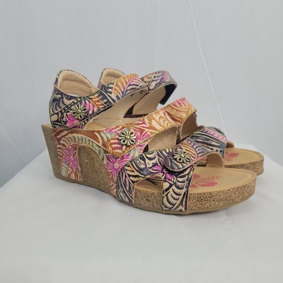 L'Artiste Bonvoyage Sandals size 38 Navy Multi Leather Hand Painted Floral Boho - Picture 2 of 13